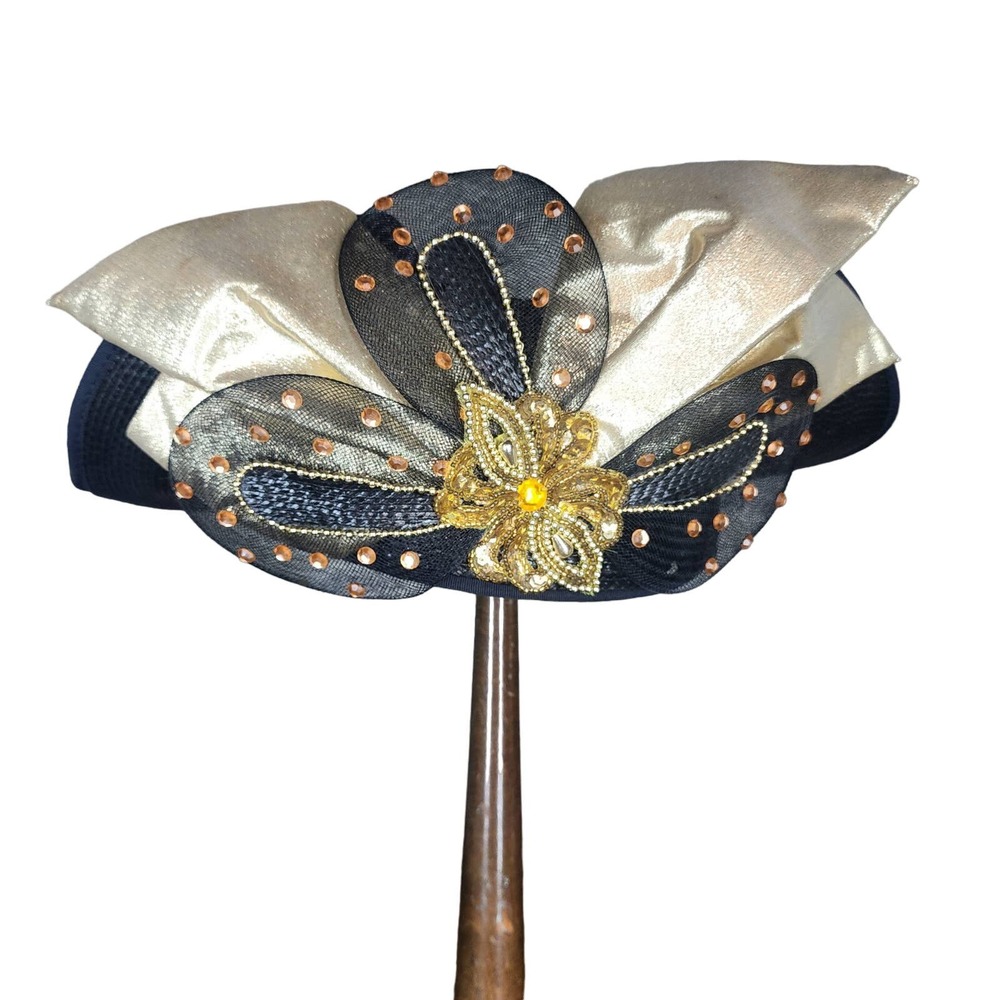 DEBORAH New York Classic Black Gold Hat Fancy Derby Sequined Mesh Embellish
